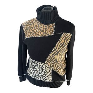 Vintage 90s Y2K Patchwork Black Animal Print Turtleneck Funnel Neck Sweater M